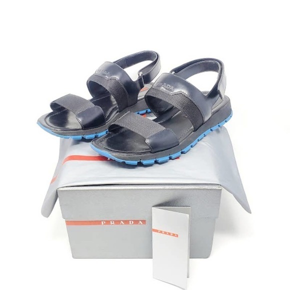 Prada LOGO Sandals Platform Black Leather Blue Rubber Sole Dad Sandals EU 39 - Picture 2 of 7
